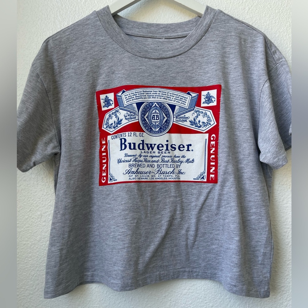 Budweiser Gray Crop Top Tee Short Sleeve Chest Logo Size Large Brew City